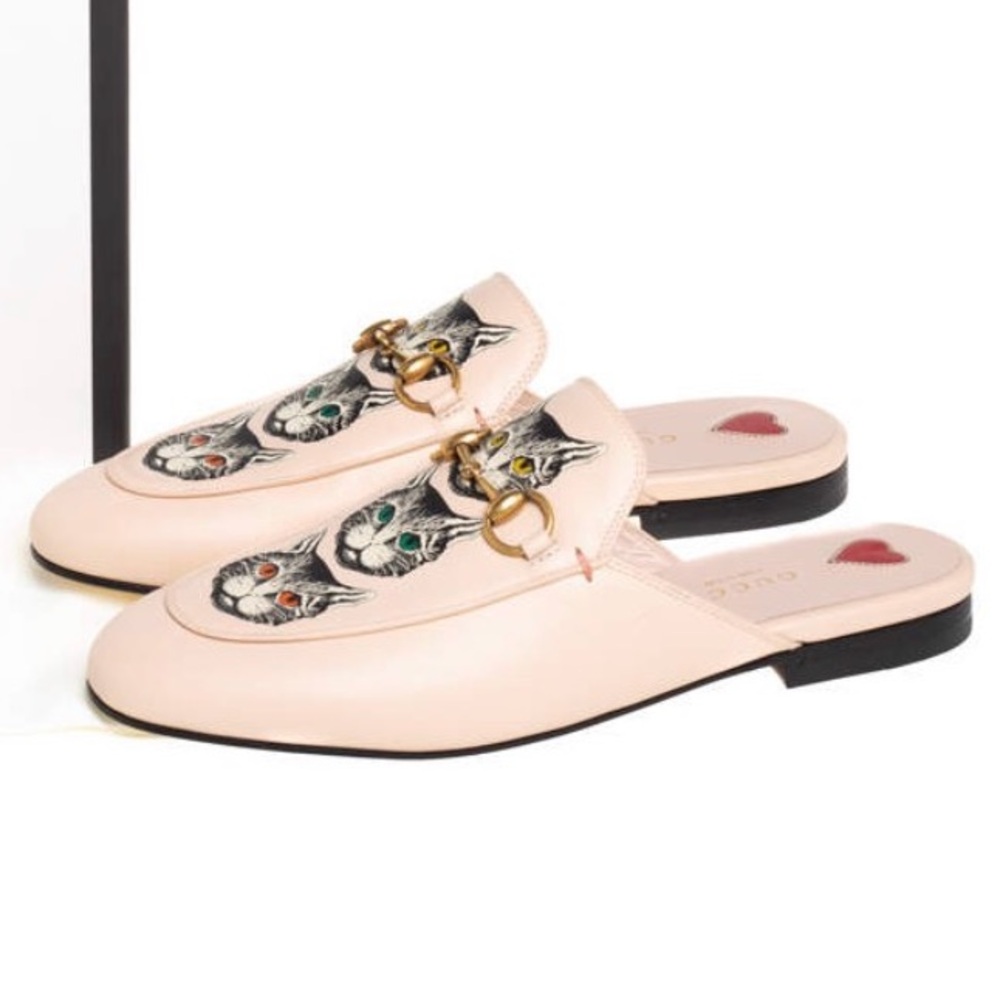 Authentic Gucci Cream / Pink Cat Embroidered Horsebit Leather Princetown Mules - Picture 2 of 14